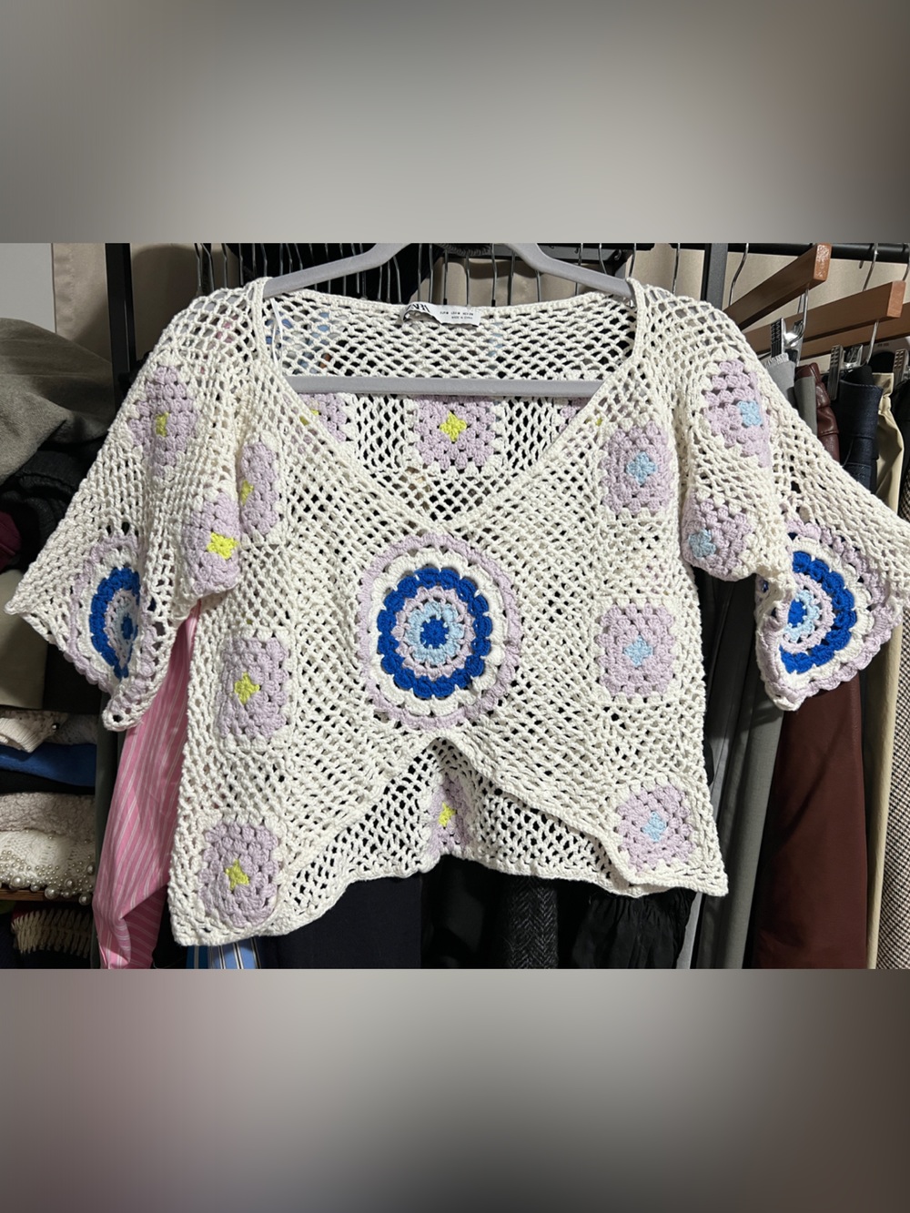Zara Cream Crochet Cardigan with Lavender and Yellow Floral Accent